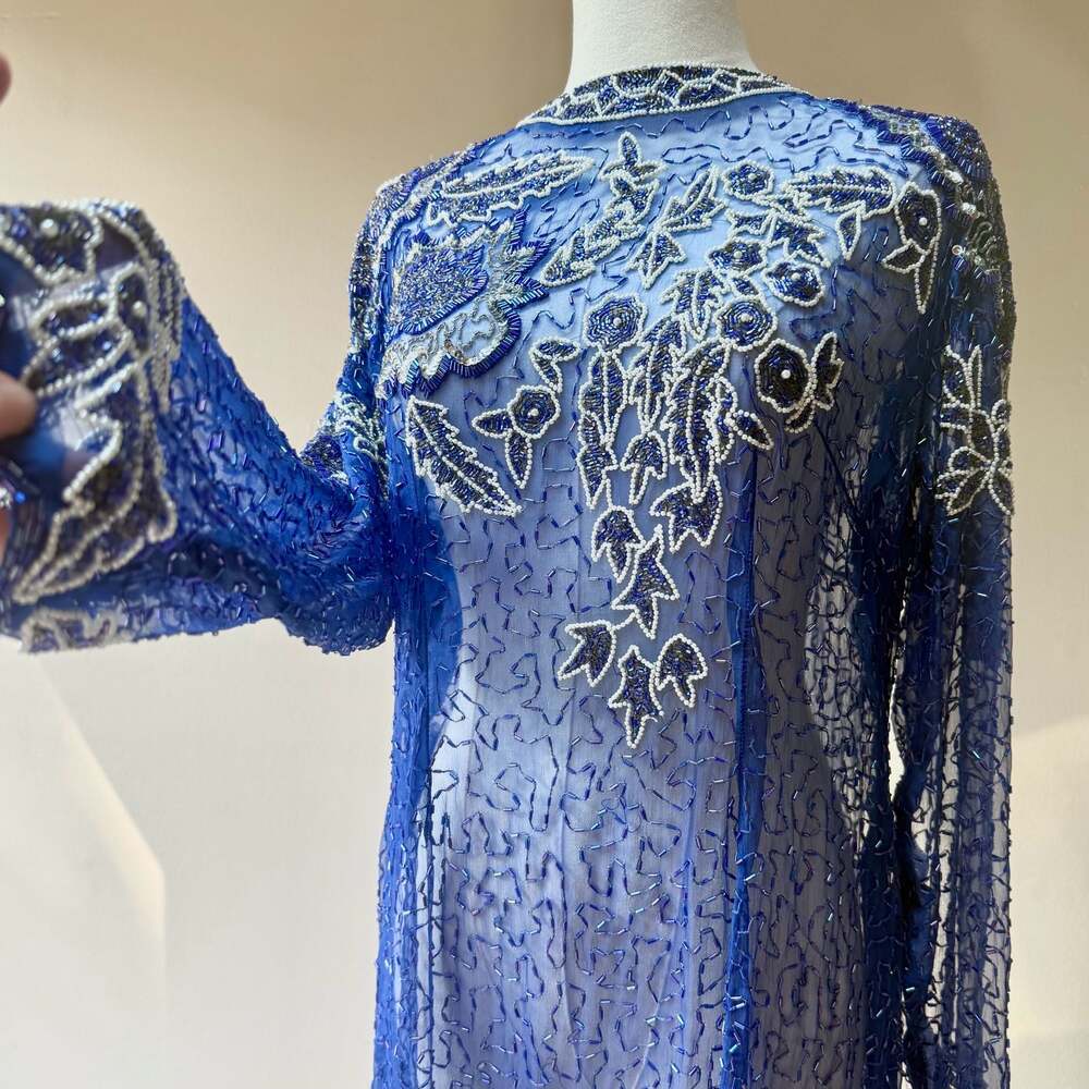 Vintage 100% Silk Beaded Evening Dress Gown Long Sleeve Royal Blue